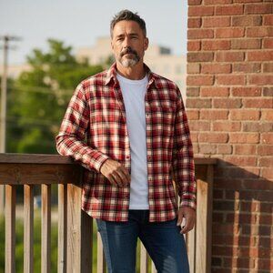 Eddie Bauer Mens 2XL XXL Classic Plaid Flannel Long Sleeve Shirt Red White Black